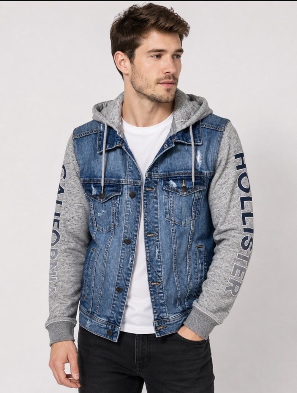 Hollister Epic Flex Distressed Hooded Jean Jacket Gray Sleeves S Pockets Logo